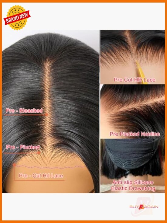 Glueless Drawstring Wig Human Hair 8 inch Short Bob Wig Pre Plucked Pre Cut main image 6